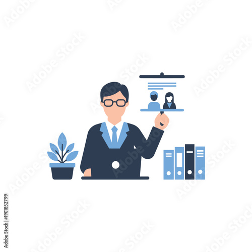 Businessman presenting virtual meeting on screen in office