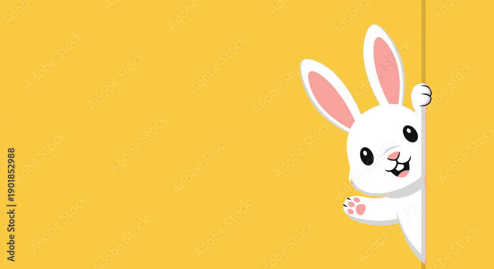 Fototapeta premium Cute white cartoon Easter bunny peeking from right side, yellow background, vector illustration with copy space