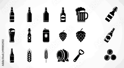 Beer and Brewery Black Vector Icons Set: Bottles, Mugs, Cans, Hops, Wheat, Barrel, Opener, isolated on white