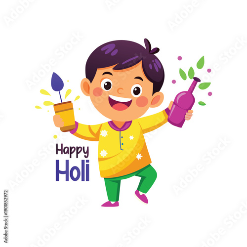 Happy Little Boy Celebrating Holi Festival with Colors and Water Spray Illustration