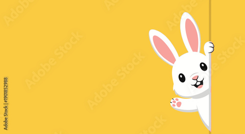 Cute white cartoon Easter bunny peeking from right side, yellow background, vector illustration with copy space