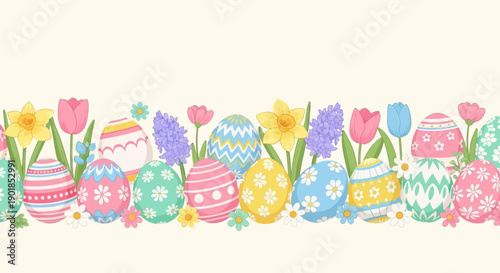 Pastel Easter eggs and spring flowers vector seamless border. Decorated eggs, tulips, and daffodils for holiday design, banner, website, social media.