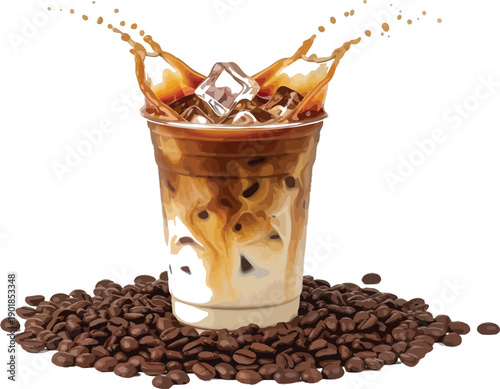 Iced coffee with milk and ice in a disposable plastic cup splashing over