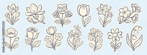 Cute whimsical hand drawn spring flower sticker collection in soft pastel colors with simple outlines and flat vector style, perfect for kids design, cards, planners, posters and decoration.