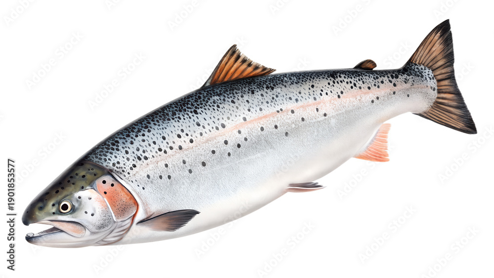 Obraz premium Whole Atlantic Salmon Side Profile Isolated PNG – High-Resolution Fish Stock