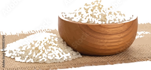 A bowl of white rice on a burlap cloth with a small pile