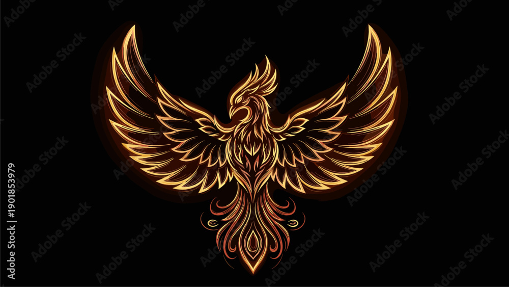 Obraz premium Majestic Golden Phoenix Emblem with Fiery Glow on Black Background