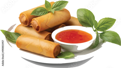 Delicious golden spring rolls served with sweet chili sauce on a white plate