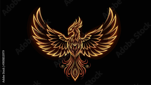 Majestic Golden Phoenix Emblem with Fiery Glow on Black Background