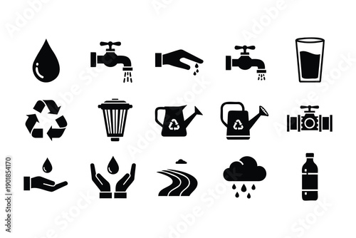 Collection of water conservation and recycling icons featuring taps watering cans and ecofriendly symbols