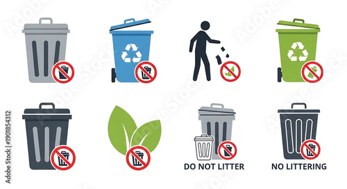 Trash cans with no littering signs and recycling symbols on white background