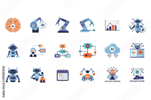 Colorful collection of artificial intelligence and robotics icons featuring robots automation and machine learning elements