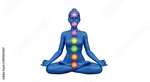 Blue figure meditating with chakras activated
