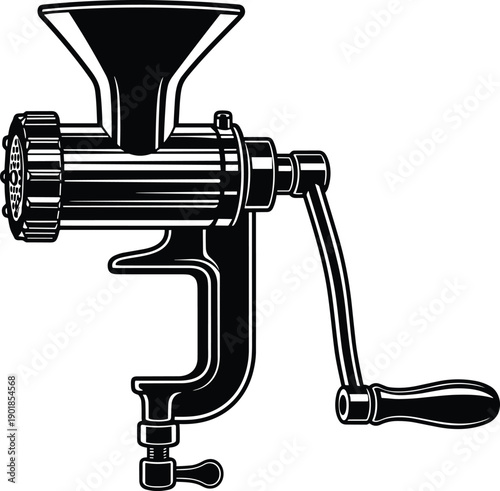Vintage manual meat grinder vector illustration, black and white hand crank kitchen tool for mincing food, isolated on white background for butcher shop design
