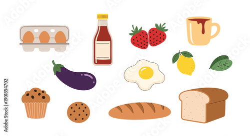 Set of charming hand drawn breakfast food illustrations including eggs, strawberries, bread, muffins, coffee, and a bottle of ketchup on white.