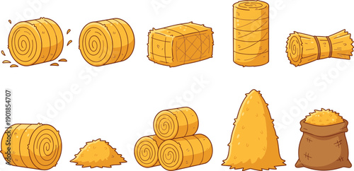 Hay bale and straw collection farm agriculture isolated white background flat vector illustration set