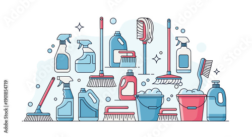 Comprehensive set of house cleaning supplies including spray bottles, detergent, mops, brooms, brushes, and buckets in blue and red tones.