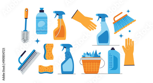Diverse set of flat design cleaning icons including spray bottles, gloves, brushes, a bucket, and sponges in blue, orange, and yellow.