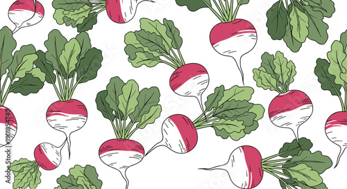 Fresh and vibrant seamless pattern featuring hand drawn red radishes with long green leaves scattered on a crisp white background.