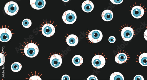Spooky seamless pattern of blue eyeballs with red veins on a dark black background ideal for halloween themes and horror design elements.