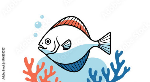 Cute illustration of a white and blue flounder fish swimming among colorful coral reefs and air bubbles in a clear ocean setting.