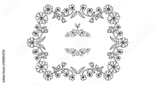 Intricate black and white line art illustration of an elaborate floral frame with symmetrical vine patterns and decorative central dividers.