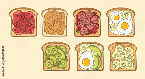 Variety of healthy toast options featuring various toppings like tomatoes, eggs, avocado, cucumber, and peanut butter for breakfast ideas.
