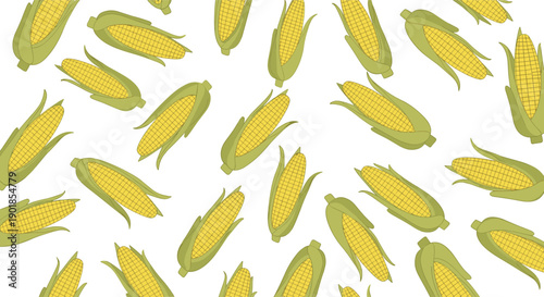 Repeating pattern of yellow corn cobs with green husks on a white background suitable for food packaging and agricultural themes.