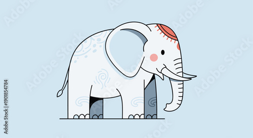 Majestic white elephant illustration decorated with traditional patterns and a red marking on its forehead against a light blue background.