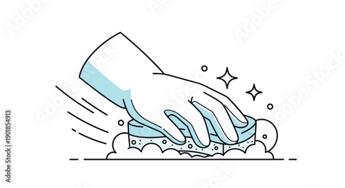 Graphic illustration showing a hand in a protective blue glove using a soapy sponge to scrub a clean surface with bright bubbles.
