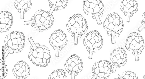 Artistic seamless pattern composed of detailed black and white line drawings of fresh artichokes scattered across a white background.