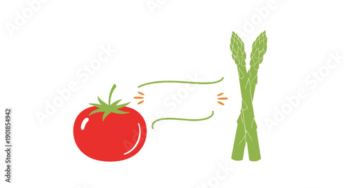 Simple yet elegant illustration of a ripe red tomato and a pair of crossed green asparagus stalks separated by a decorative swirl.