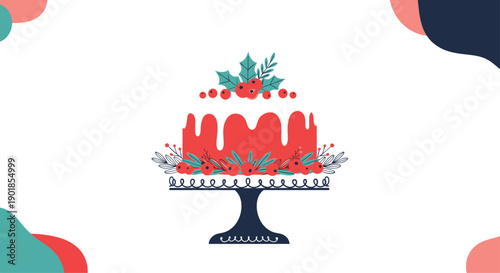 Beautifully decorated white holiday cake with red dripping icing and holly ornaments sitting on an ornate blue cake stand.