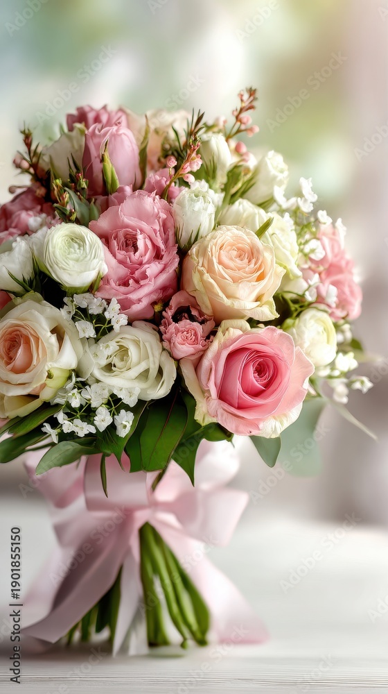 Obraz premium Vibrant photo of Beautiful bouquet of pink and white roses and ranunculus tied with a satin ribbon on a soft blurred background