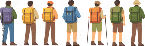 Hikers with backpacks collection rear view isolated white background flat vector illustration set
