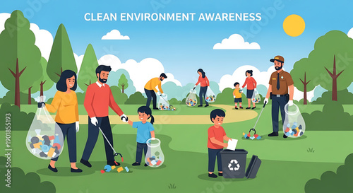 Family and community cleaning up park with recycling bags and bins on sunny day for earth day