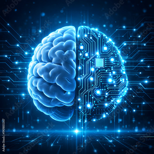 A powerful conceptual image showing a brain bisected, with one half organic and the other a luminous circuit board featuring a central microchip, against a backdrop of glowing star-like points.