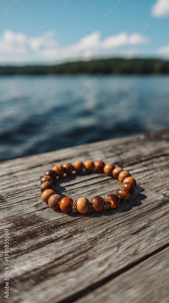 Fototapeta premium Vibrant photo of Close up of a rustic wooden bead bracelet on a weathered dock with a calm lake and forest background