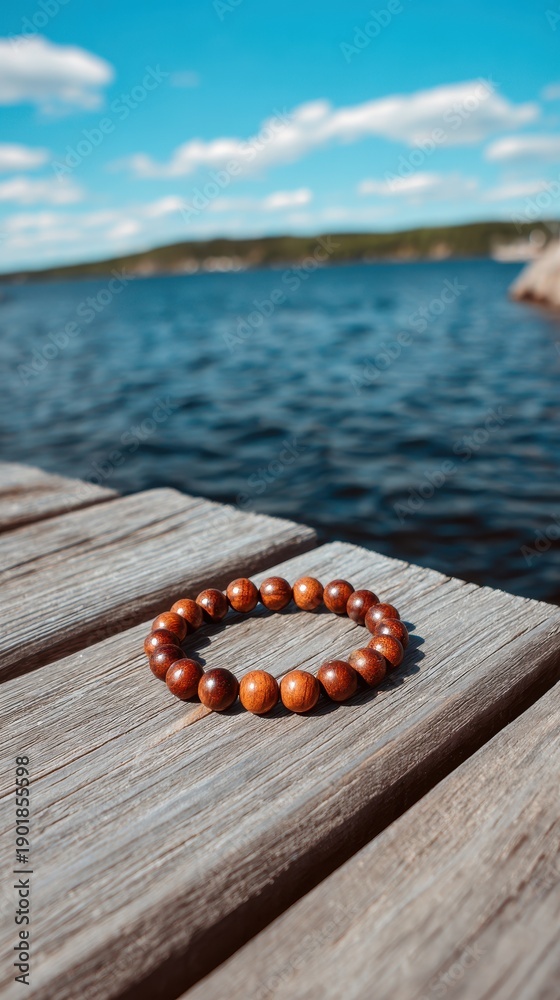Fototapeta premium Vibrant photo of Handmade wooden bead bracelet resting on a weathered wooden dock with a beautiful lake and blue sky background