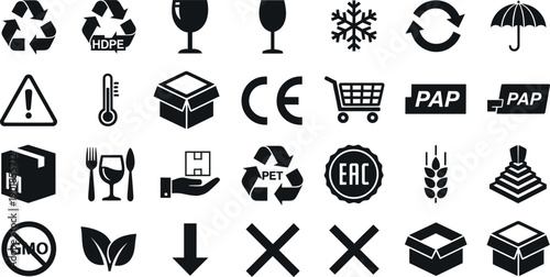 Comprehensive logistics and packaging icon set featuring recycling symbols, fragile glass, CE marks, cargo handling instructions, and environmental product shipping labels.