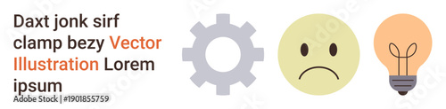 Problem solving, innovation, emotions, creativity, mechanical design, moods. A gear, sad face and lightbulb symbols displayed side by side. Problem solving and innovation illustrated
