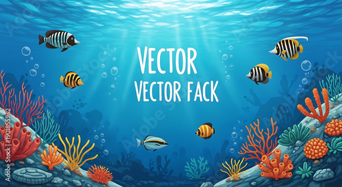 Vibrant coral reef scene with colorful fish and sea anemones underwater sunlight shining through ocean water