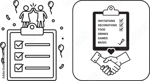 Two vector graphics for party planning. Left: a checklist with celebrating figures and balloons. Right: a "to-do" list featuring invitations and music, underscored by a friendly handshake.