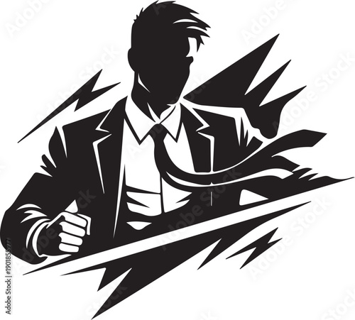 A determined businessman breaking through a barrier with a lightning bolt.