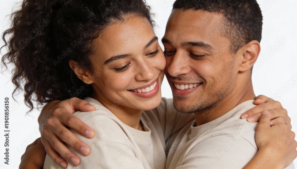 Obraz premium Happy Couple Sharing Warm Hug Isolated on White Background