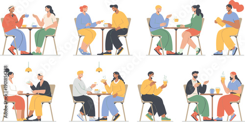 People talking at cafe drinking coffee isolated white background flat vector illustration set