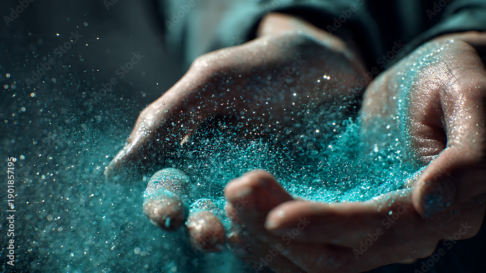 Fototapeta premium Cinematic shot of cupped hands releasing glowing cyan glitter powder, magical sparkling particles floating in dark atmosphere, artistic creative process and ethereal dreamlike concept.