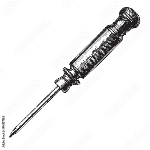 Intricate line art etching of a vintage precision screwdriver with a knurled wooden handle, showcasing meticulous detail and classic tool aesthetic on a white background.
