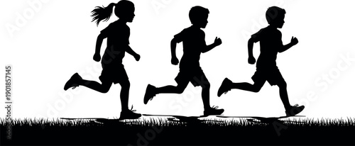 "Silhouette Vector Illustration of Three Happy Kids Running Together on Grass Field Outdoors for Sports and Active Lifestyle Concepts"