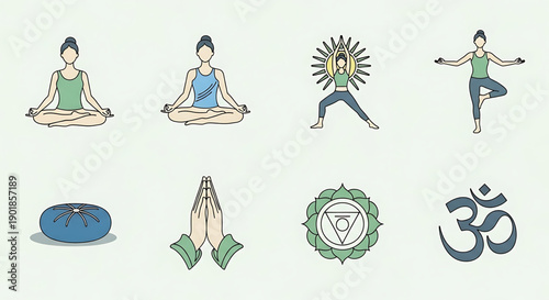 Yoga and meditation symbols with people practicing poses and spiritual icons on a light green background